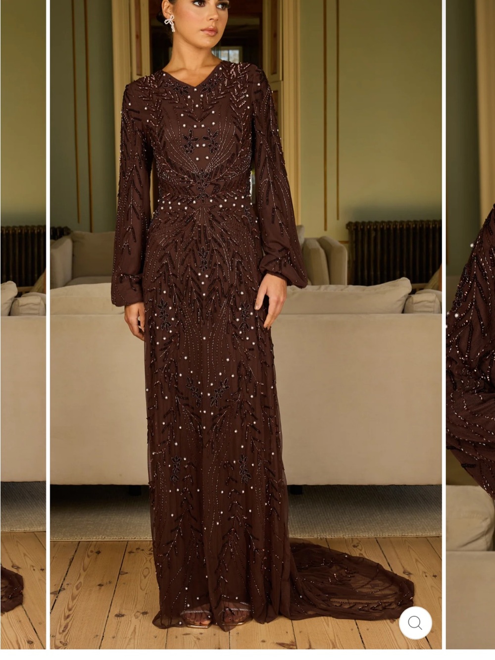 Beaded Long Sleeve Brown Evening Dress